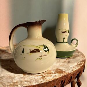 BROCK of CALIFORNIA Open Carafe Harvest Brown 7” Jug + RARE Hurricane Lamp Vtg‎